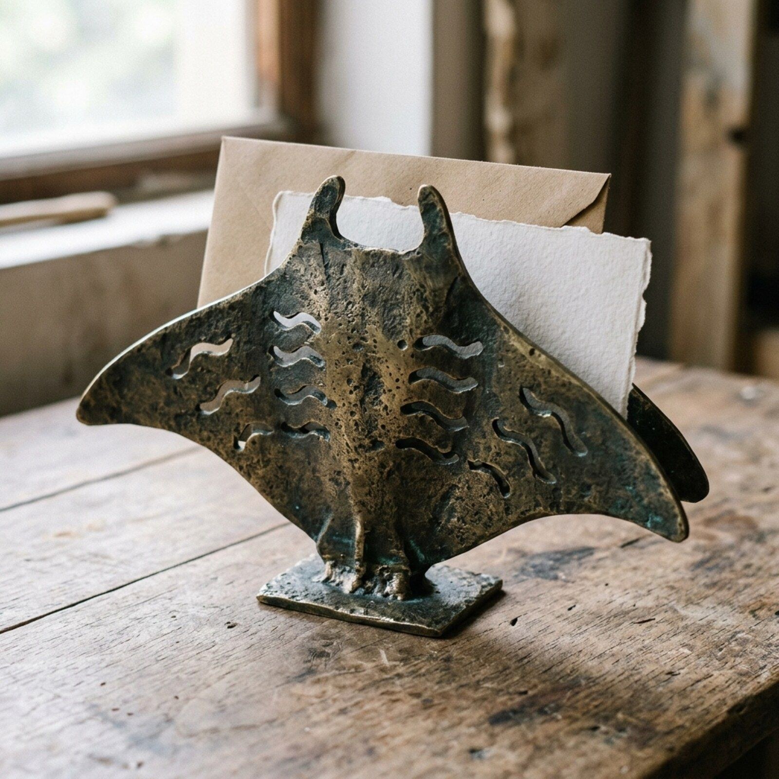 Manta Ray Cast Card Holder — Cast Aluminium · Verdigris, XANVOR, Moradabad
