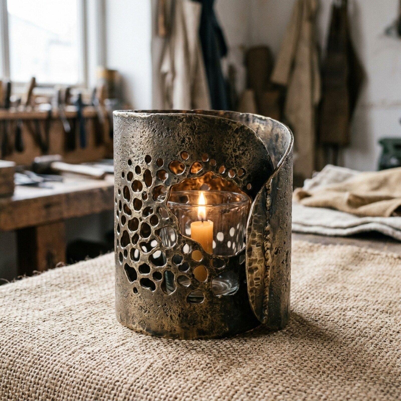 Anemone Pierced Candle Shield — Sheet Iron · Oxidised Black · Waxed, XANVOR, Moradabad