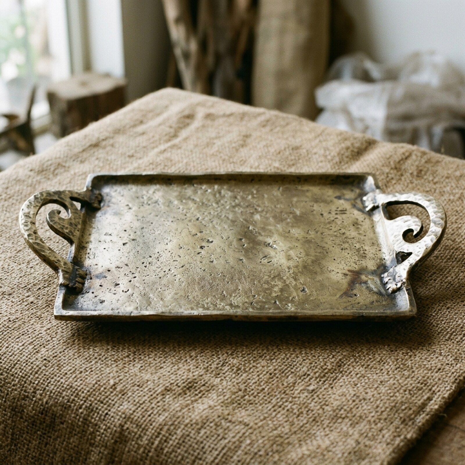 Wave-Handle Rectangular Tray — Cast Aluminium · Aged Pewter, XANVOR, Moradabad