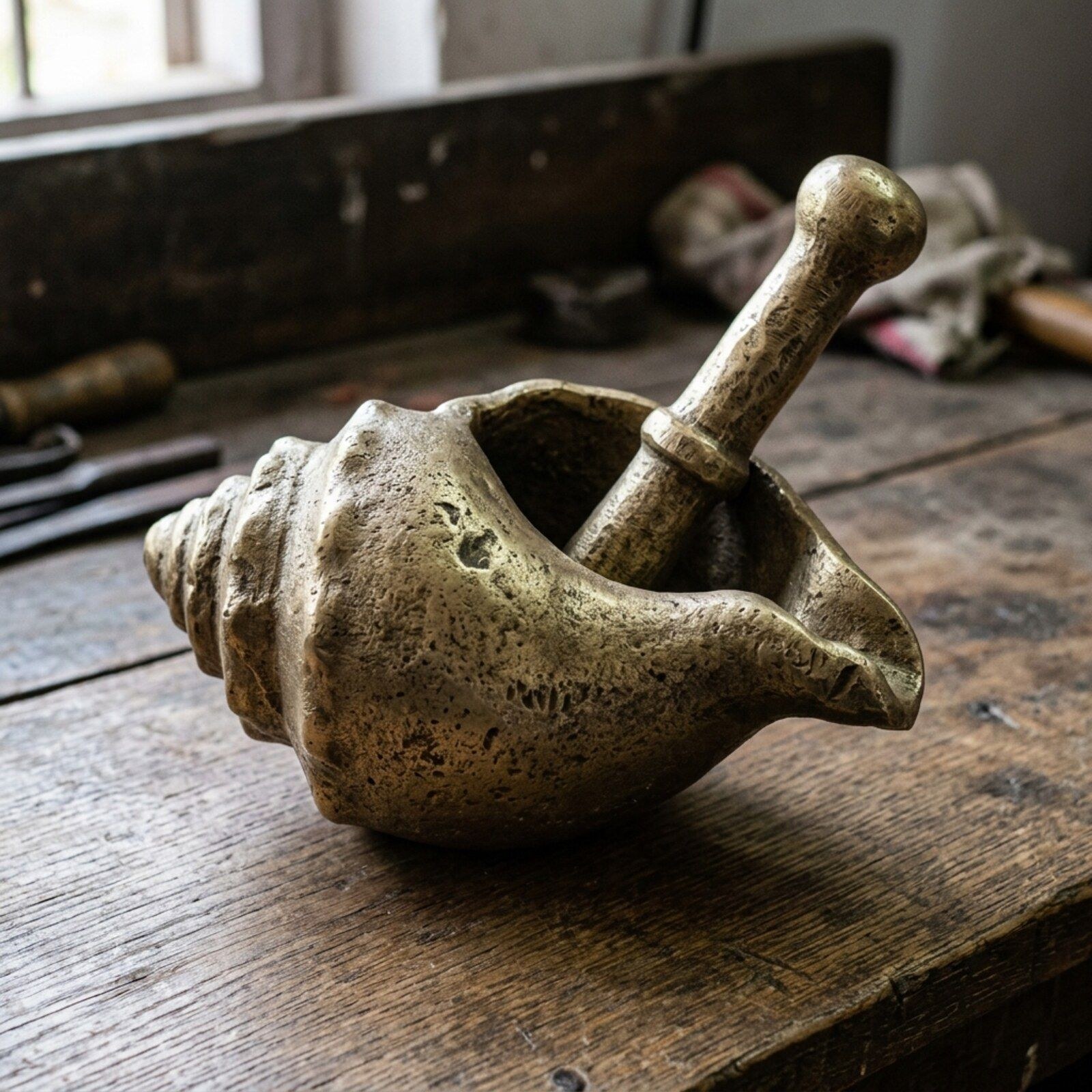 Conch Mortar and Pestle — Cast Aluminium · Antique Brass, XANVOR, Moradabad