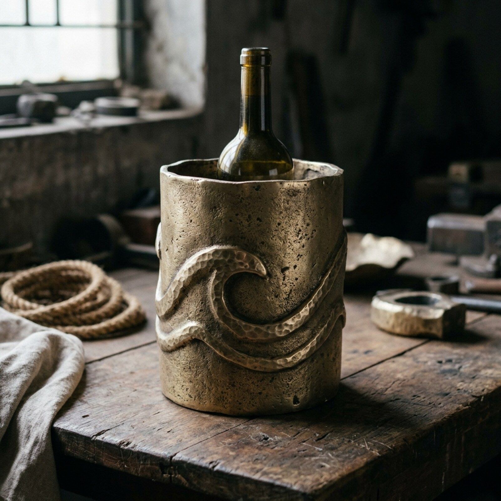 Wave Scroll Bottle Cooler — Cast Aluminium · Antique Brass, XANVOR, Moradabad