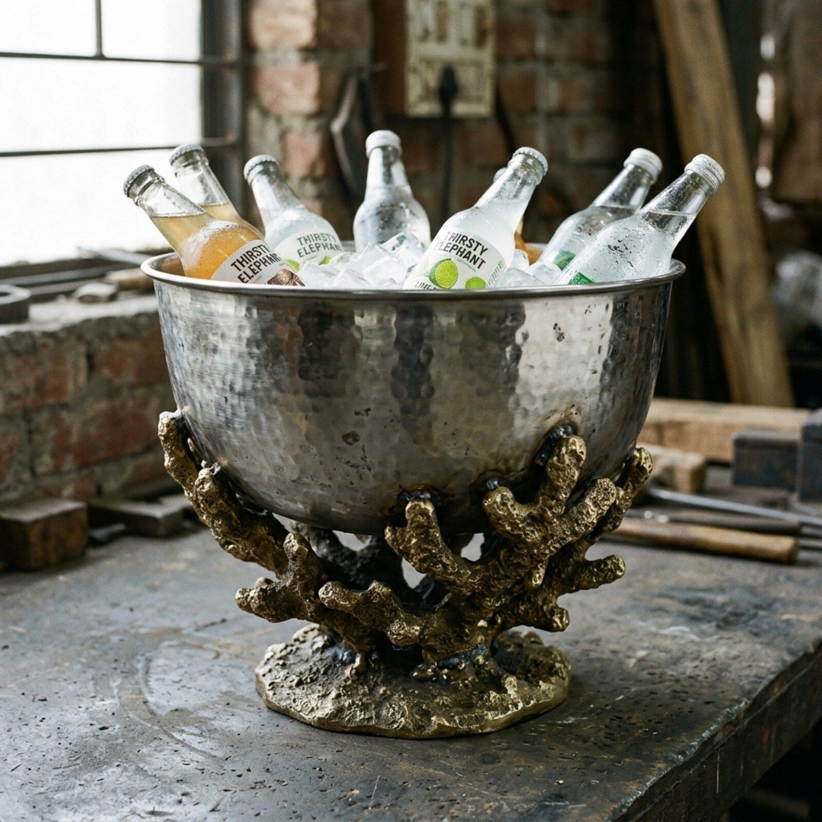 Coral Reef Footed Party Tub — Raised Aluminium · Cast Coral Stand · Antique Brass, XANVOR, Moradabad