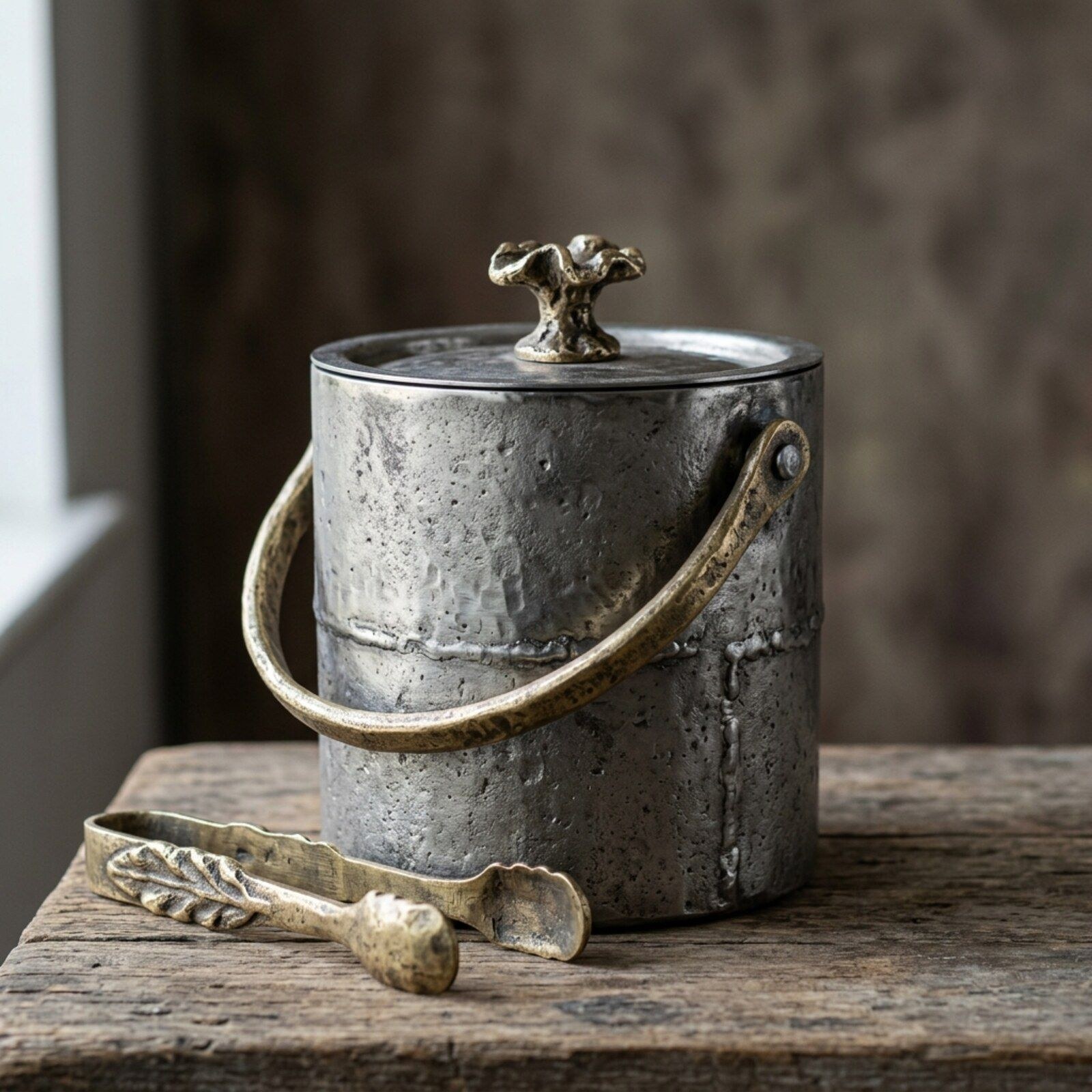 Tidewater Lidded Ice Bucket — Raised Aluminium · Cast Fittings · Aged Pewter, XANVOR, Moradabad