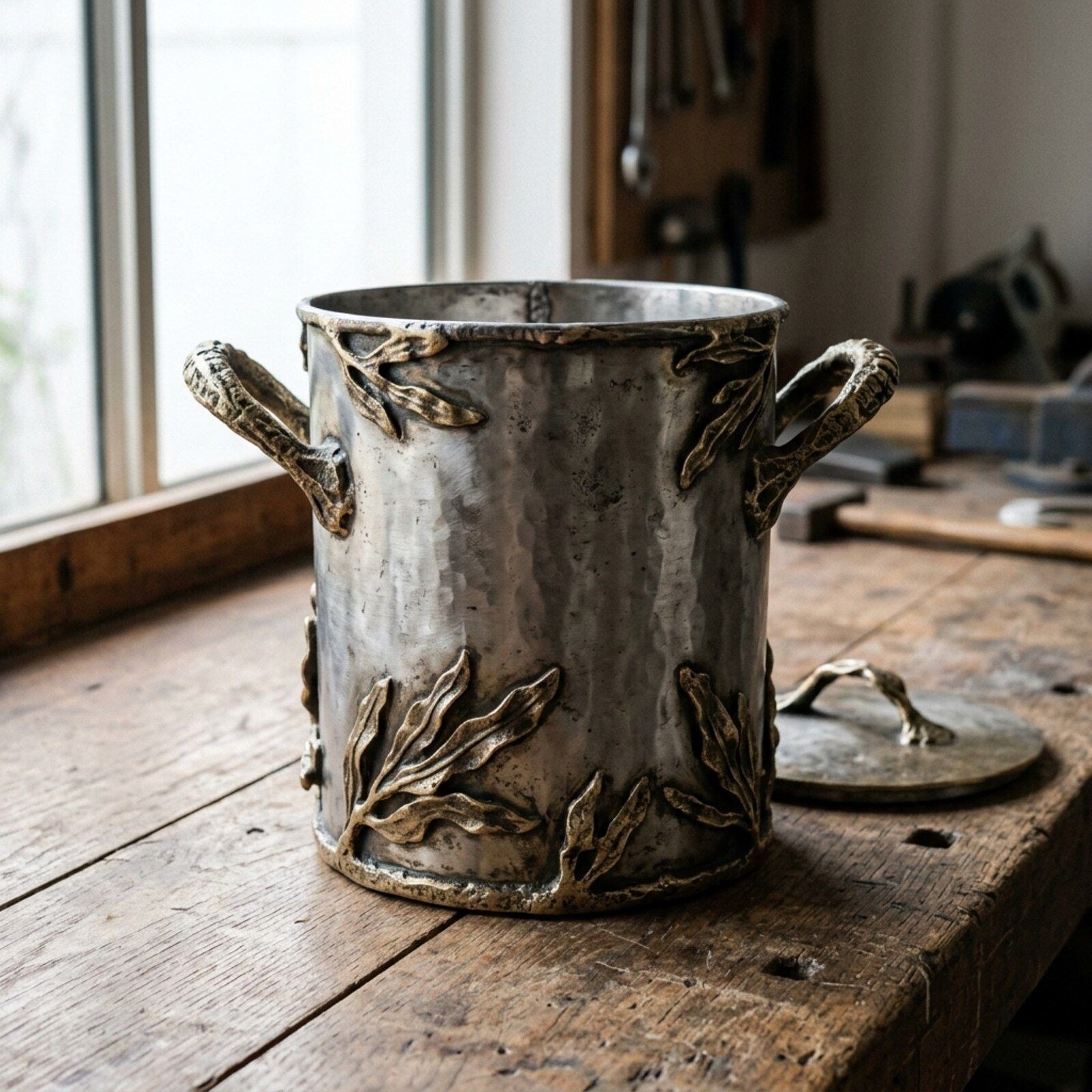 Kelp Frond Lidded Wine Bucket — Raised Aluminium · Cast Kelp Detail · Antique Brass, XANVOR, Moradabad