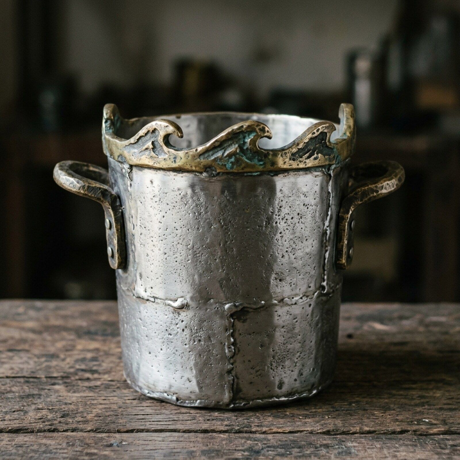 Breaker Wave Crest Ice Bucket — Raised Aluminium · Cast Wave Collar · Verdigris Brass, XANVOR, Moradabad