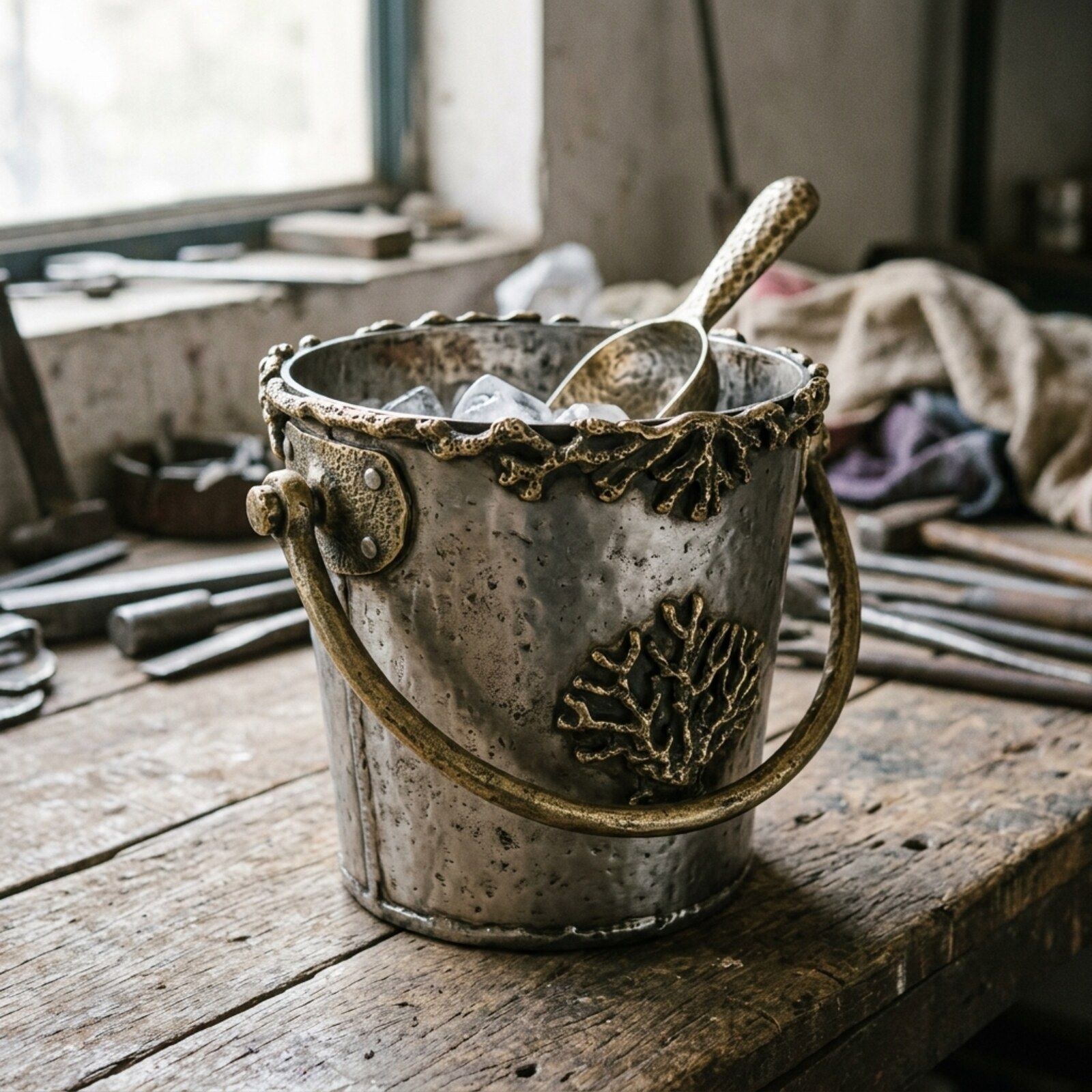 Coral Sprig Ice Bucket — Raised Aluminium · Cast Coral Detail · Antique Brass, XANVOR, Moradabad