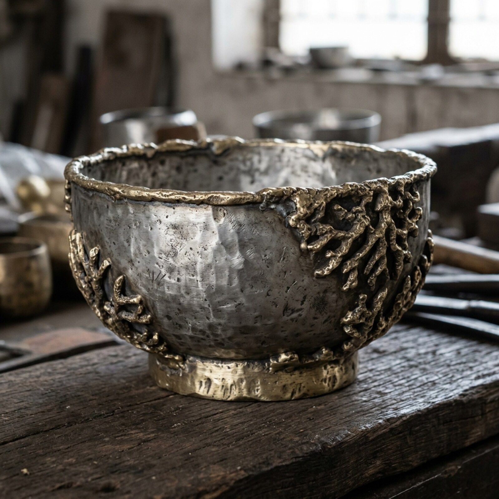Coral Branch Serving Bowl — Raised Aluminium · Cast Coral Applique · Antique Brass, XANVOR, Moradabad