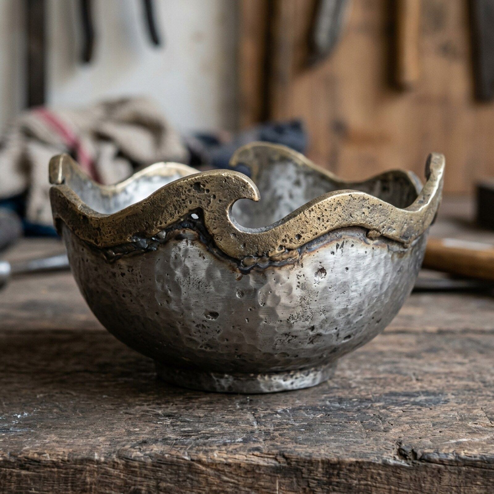 Wave Crest Footed Bowl — Raised Aluminium · Cast Wave Rim · Antique Brass, XANVOR, Moradabad