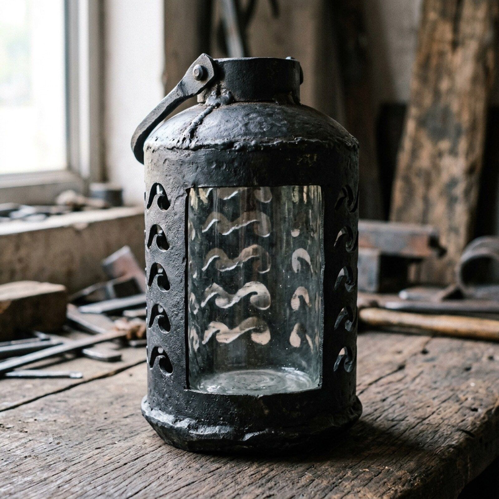 Wave Pierced Iron Lantern — Sheet Iron · Glass Sleeve · Oxidised Black, XANVOR, Moradabad