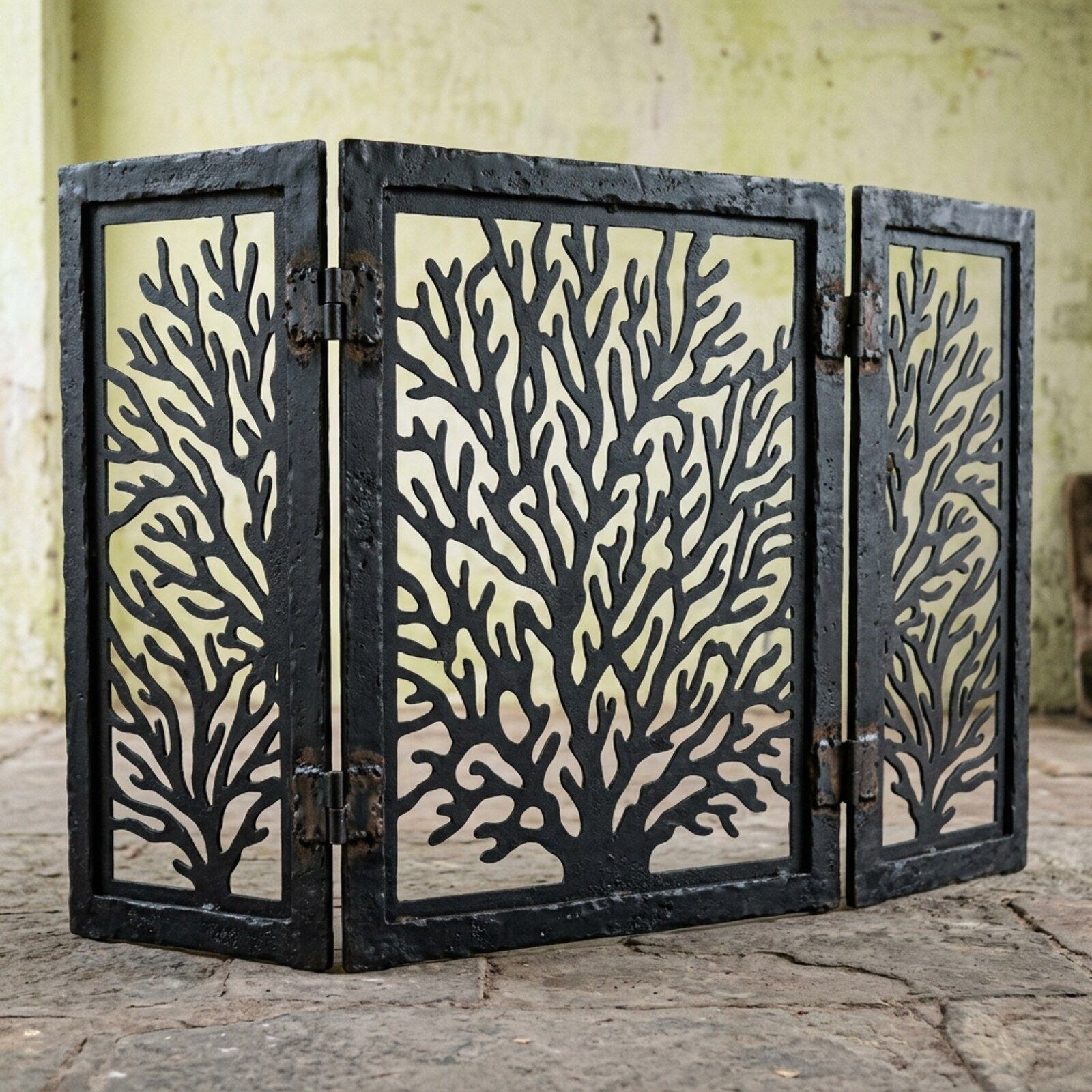 Coral Branch Folding Fire Screen — Sheet Iron · Pierced · Oxidised Black, XANVOR, Moradabad