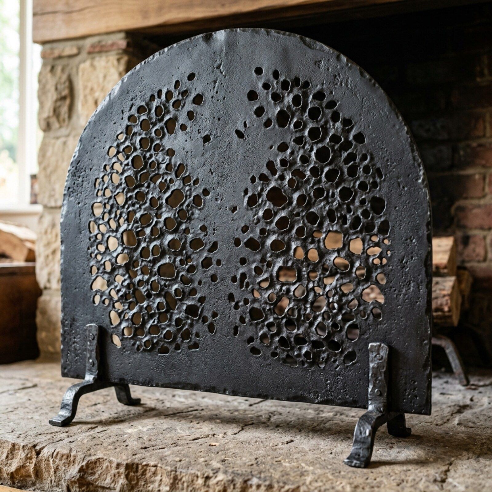 Barnacle Pierced Fire Screen — Sheet Iron · Pierced · Oxidised Black, XANVOR, Moradabad