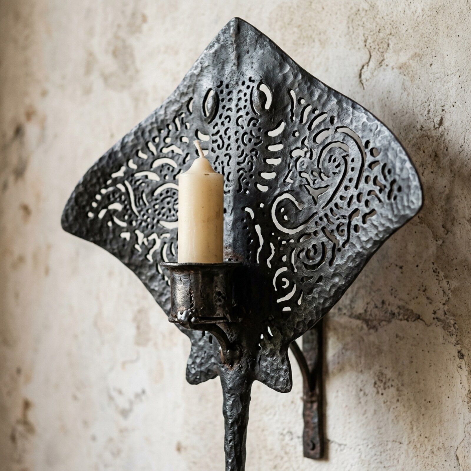 Stingray Candle Sconce — Sheet Iron · Hammered · Aged Pewter, XANVOR, Moradabad
