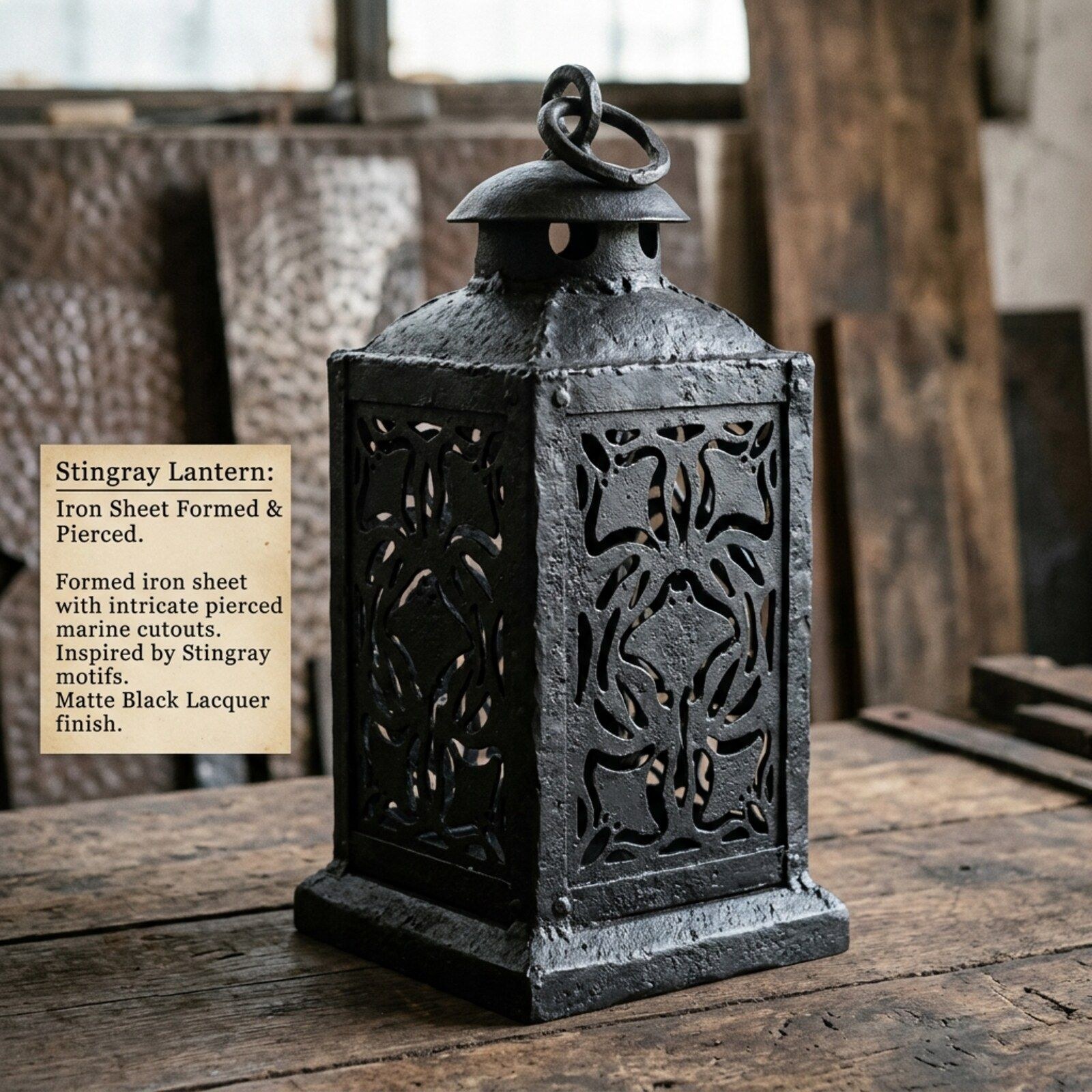Stingray Pierced Square Lantern — Sheet Iron · Pierced · Matte Black Lacquer, XANVOR, Moradabad