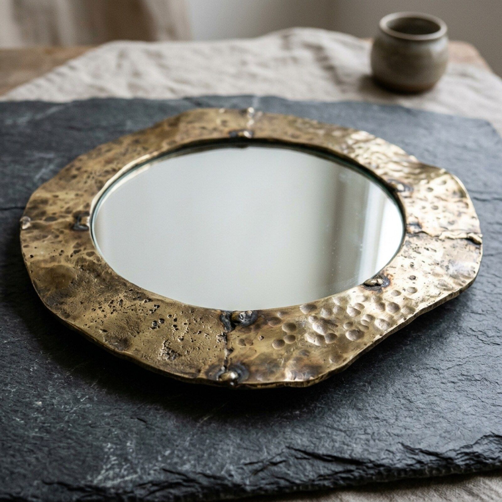 Wave Edge Hammered Brass Mirror — Sheet Brass · Hammered · Antique Brass, XANVOR, Moradabad