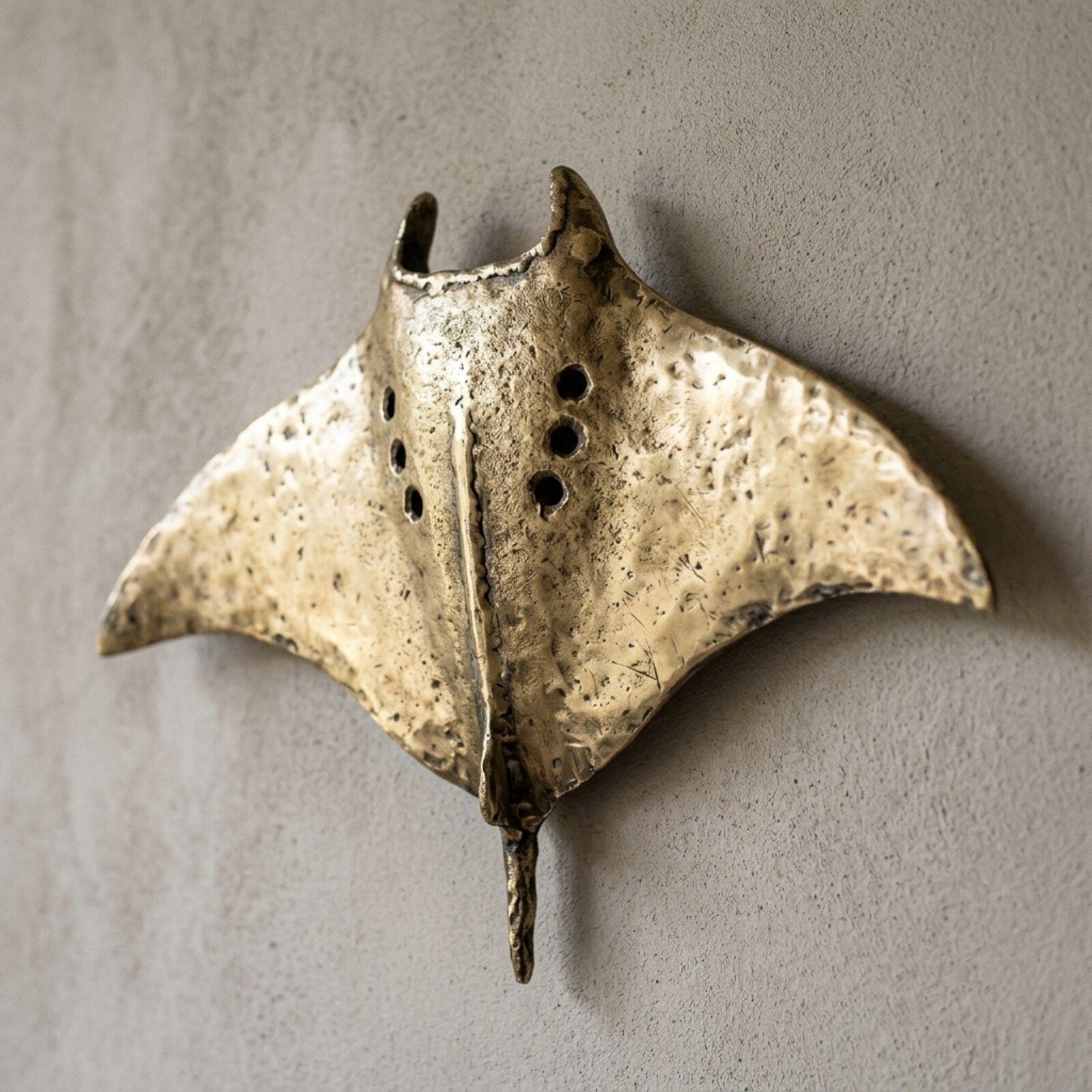 Manta Ray Brass Wall Sculpture — Sheet Brass · Raised · Antique Brass, XANVOR, Moradabad