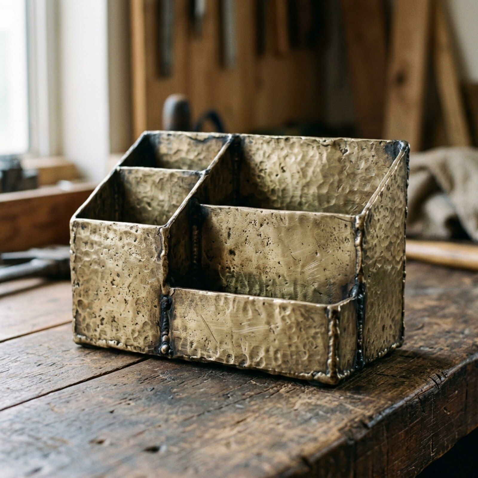 Helm Hammered Brass Desk Organiser — Hammered Brass Sheet · Antique Brass, XANVOR, Moradabad