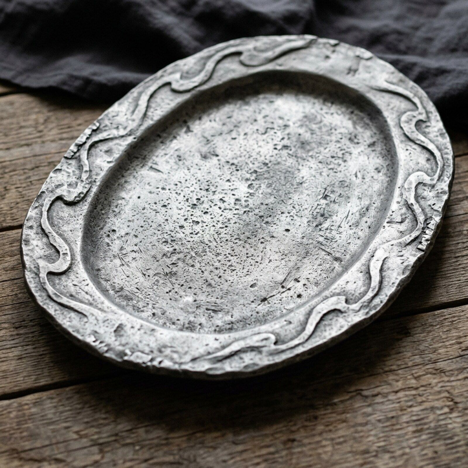 Wave-Rim Oval Cast Platter — Cast Aluminium · Aged Pewter · Matte, XANVOR, Moradabad