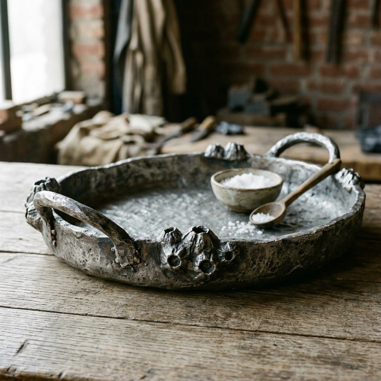 Barnacle Rim Cast Handled Tray — Cast Aluminium · Oxidised Black · Aged Pewter, XANVOR, Moradabad