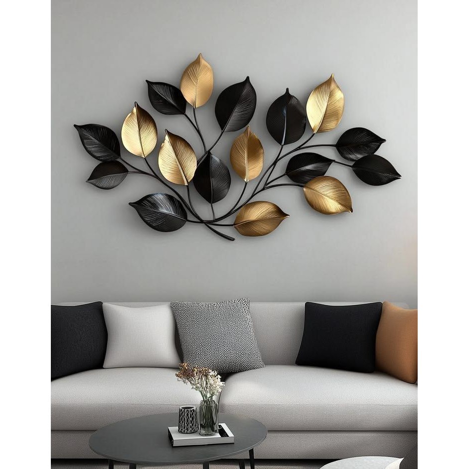 Midas Leaf Cascade — Statement Piece — Iron Leaves & Rod · Powder-Coat Black · Gold-Finish Leaves, XANVOR, Moradabad