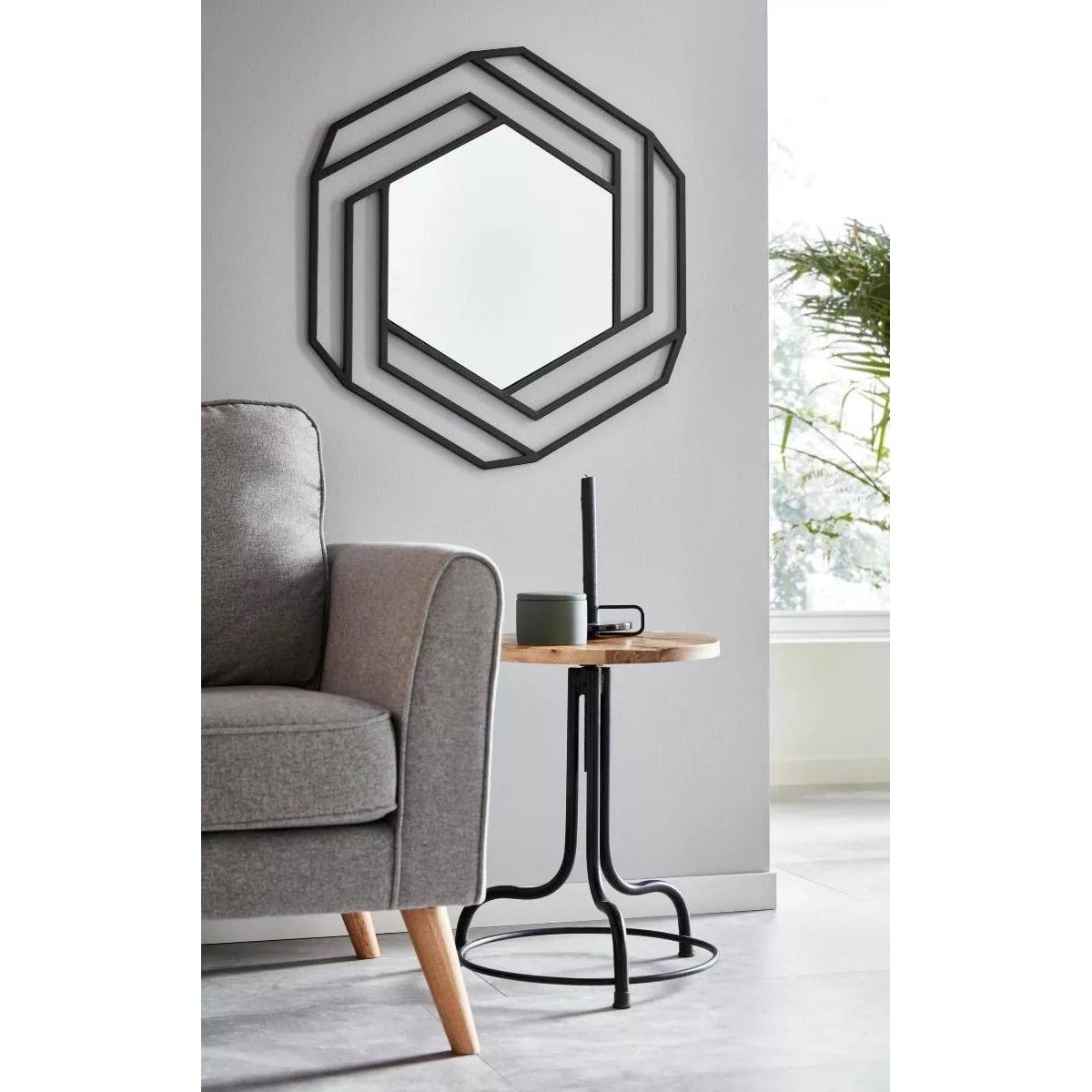 Hexa Geometric Wall Mirror — Iron Frame · Mirror Glass · Powder-Coat Black, XANVOR, Moradabad