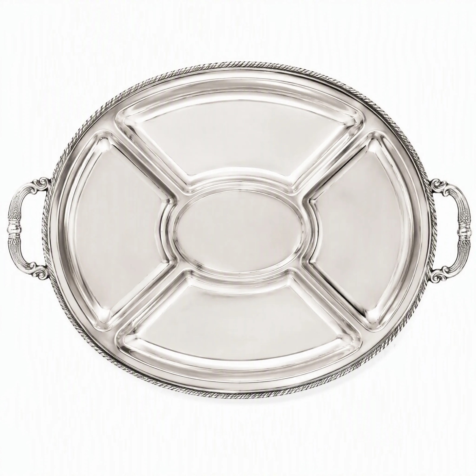 Divided Oval Party Platter with Handles — Silver Plated · Polished Antique, XANVOR, Moradabad