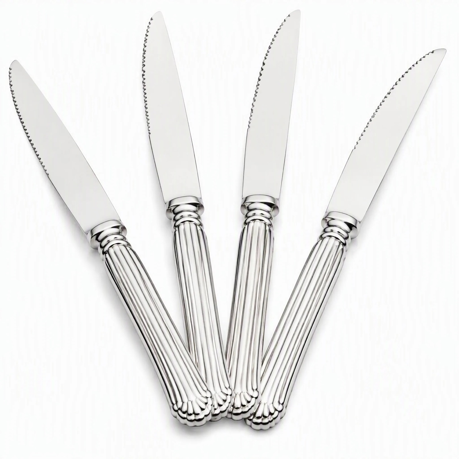 Reeded Handle Steak Knives, Set of Four — Silver Plated · Polished Antique, XANVOR, Moradabad