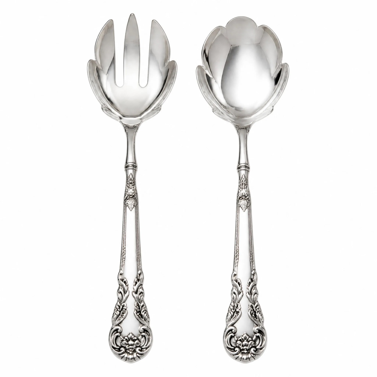Rosette Salad Servers, Fork and Spoon — Silver Plated · Polished Antique, XANVOR, Moradabad