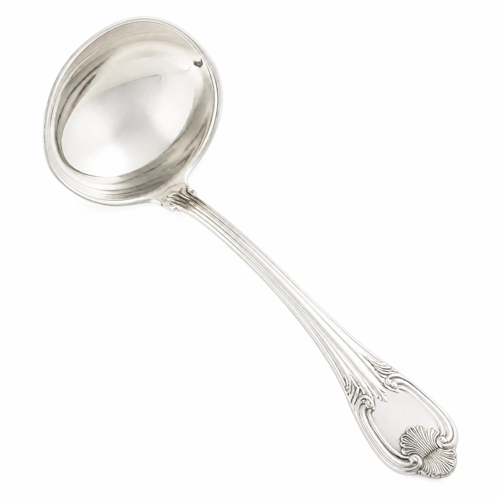Shell Pattern Soup Ladle, 30 cm — Silver Plated · Polished Antique, XANVOR, Moradabad