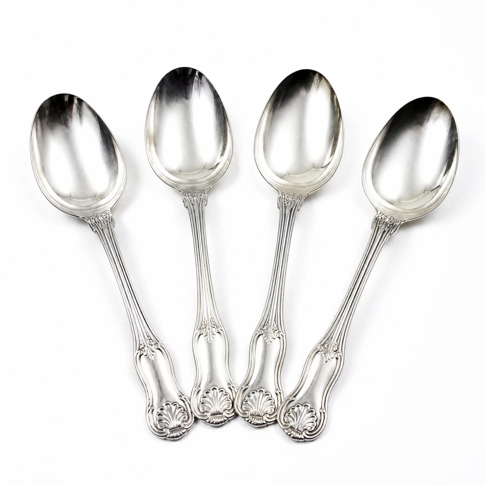Kings Pattern Serving Spoons, Set of Four — Silver Plated · Polished Antique, XANVOR, Moradabad