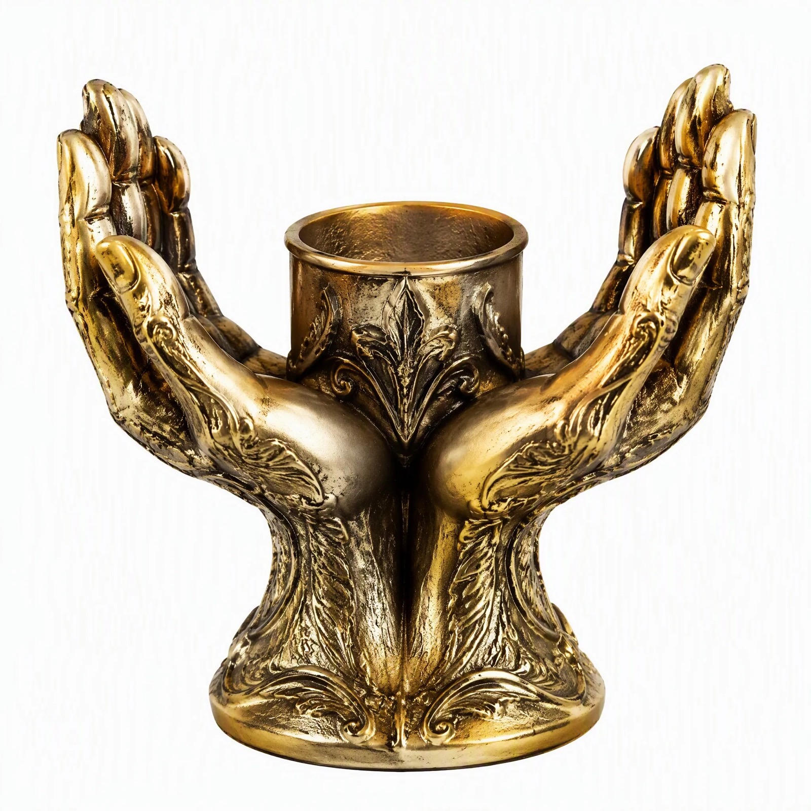 Cupped Hands Candle Holder, Antique Gold — Cast Metal · Antique Gold, XANVOR, Moradabad