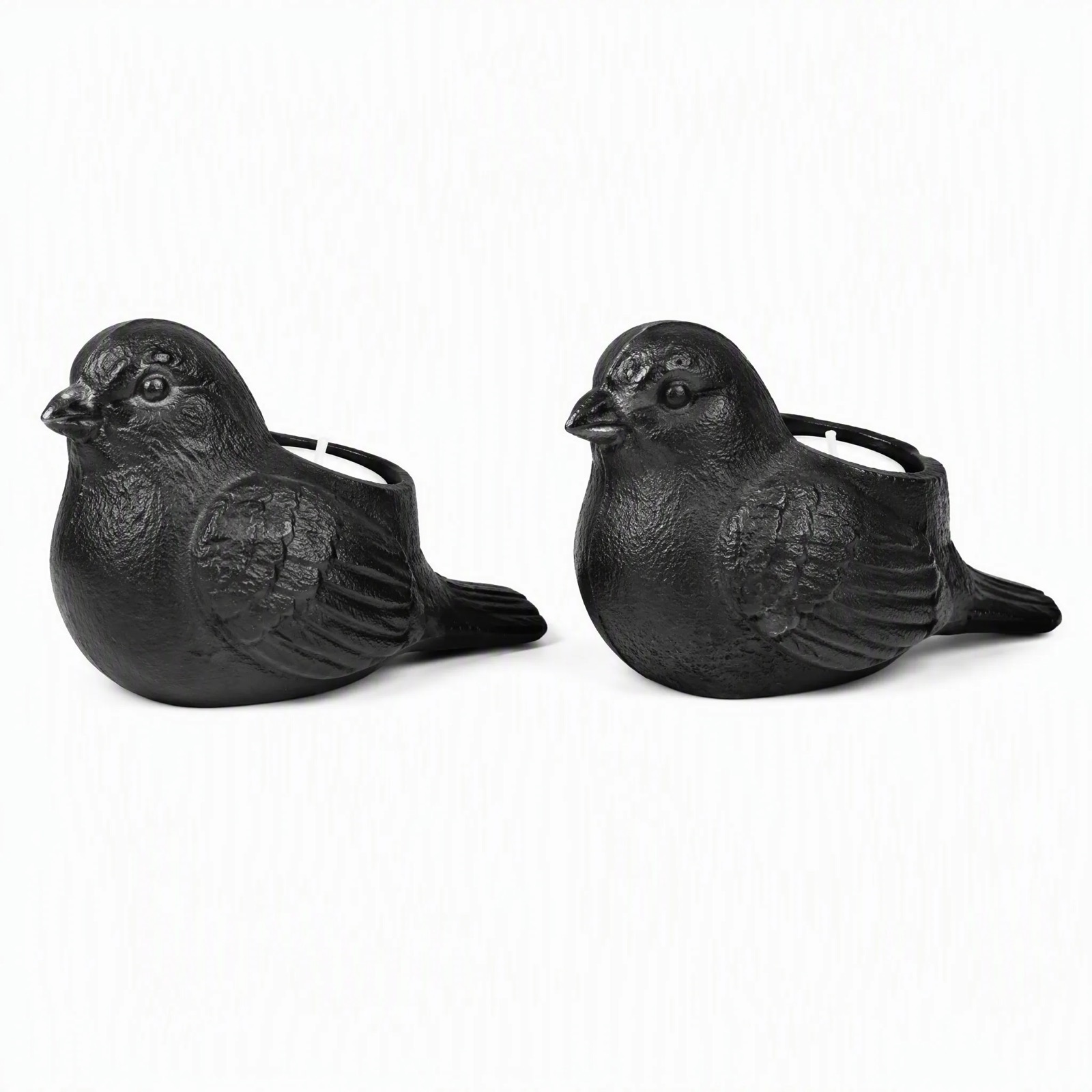 Aviary Bird Tealight Holders, Pair — Cast Iron · Matte Black, XANVOR, Moradabad