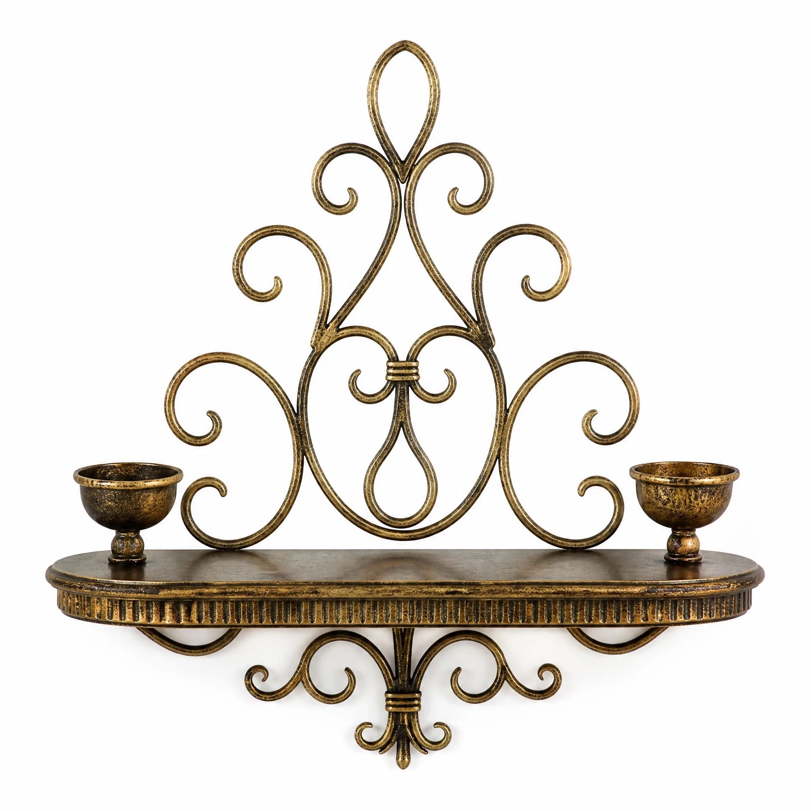 Filigree Candle Wall Shelf — Iron · Antique Gold, XANVOR, Moradabad