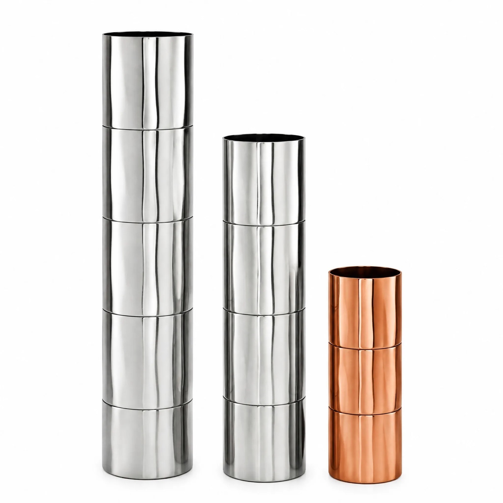 Segmented Vase Trio, Silver & Copper