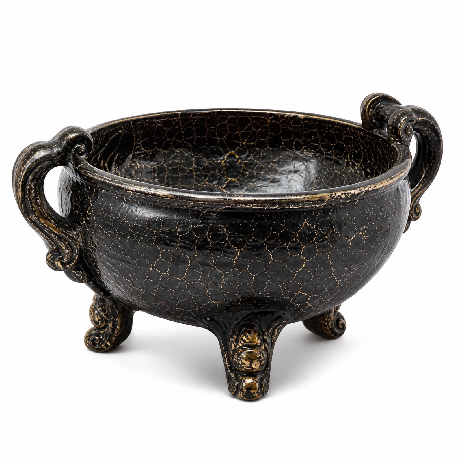 Crackle-Glaze Footed Bowl — Cast Aluminium · Black Crackle, XANVOR, Moradabad