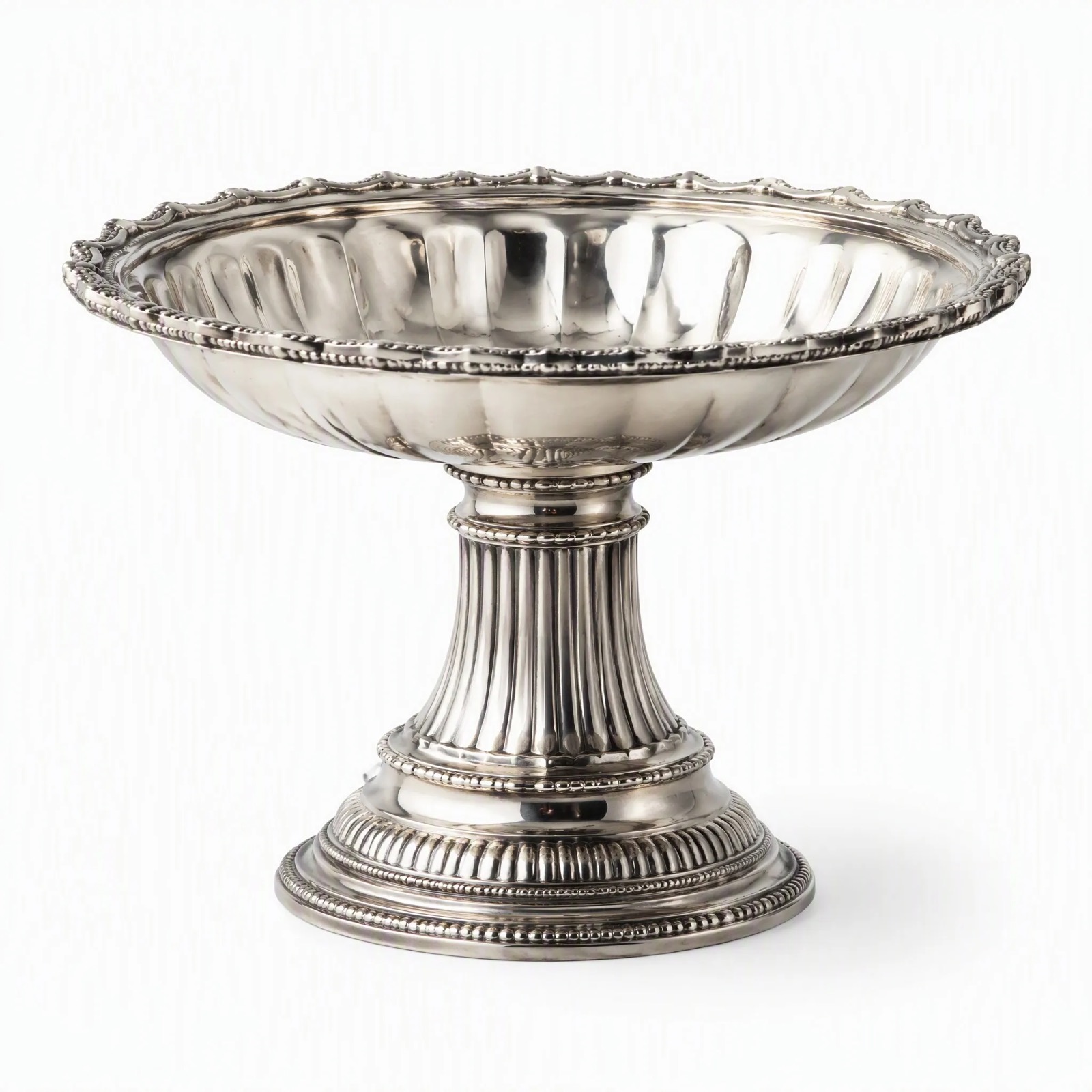 Gadroon Pedestal Compote — Silver-Plated Brass · Polished Antique, XANVOR, Moradabad