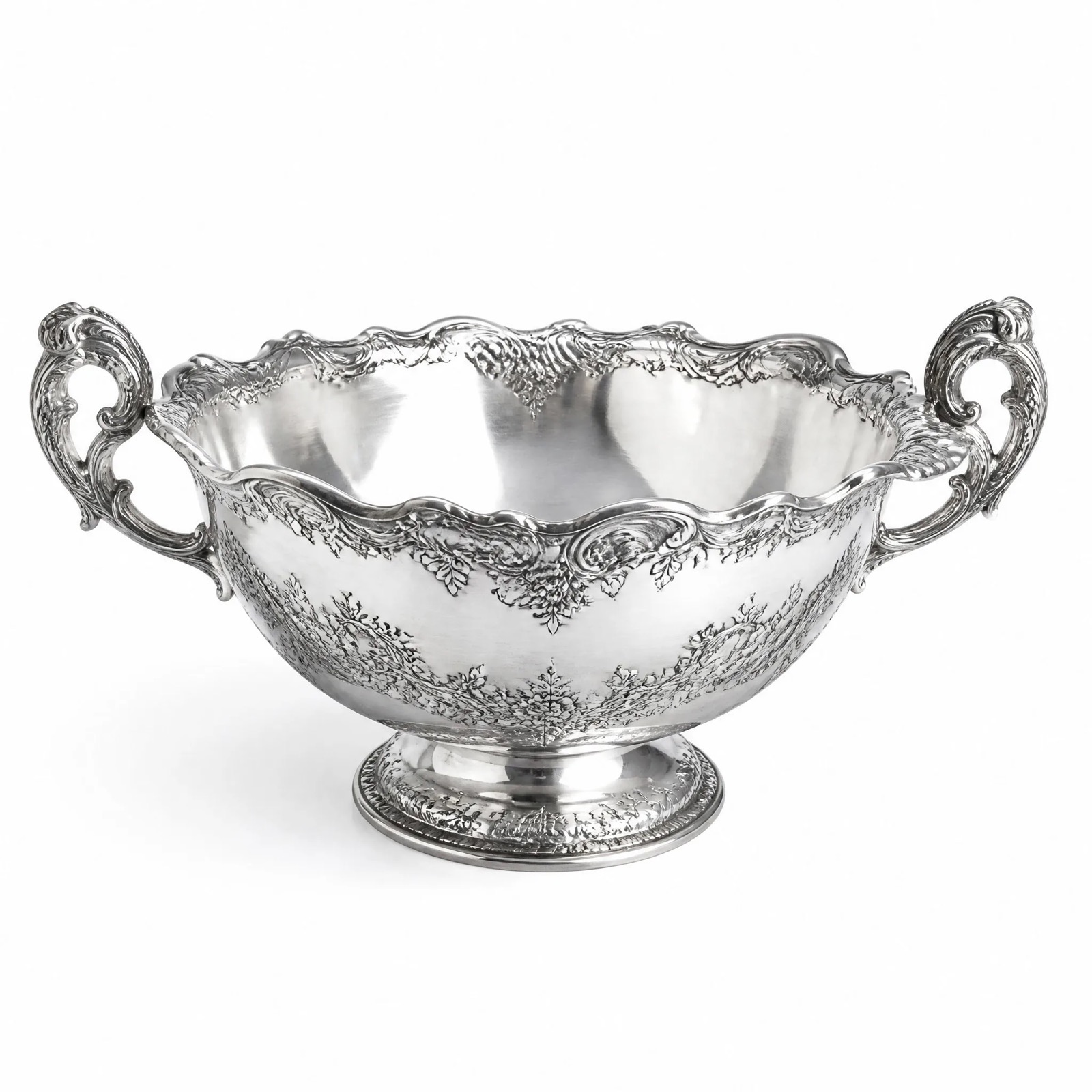 Chased Centrepiece Bowl with Handles — Silver-Plated Brass · Polished Antique, XANVOR, Moradabad
