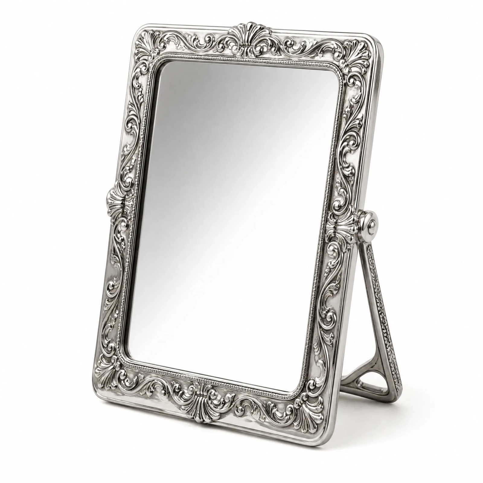 Acanthus Easel Mirror — Silver-Plated Metal · Polished Antique, XANVOR, Moradabad