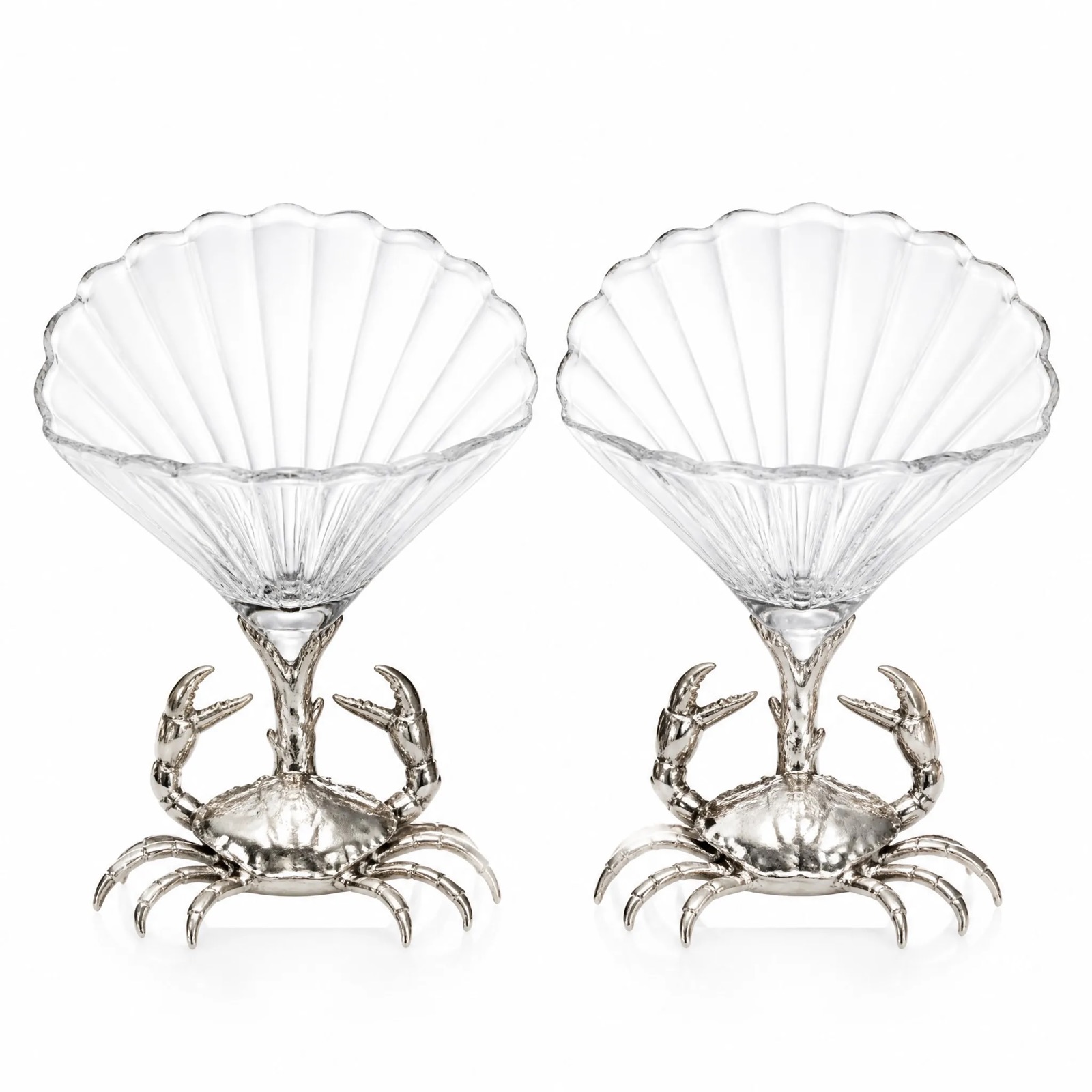 Crab-Footed Shell Coupes, Pair — Glass + Silver Plated · Clear + Polished, XANVOR, Moradabad