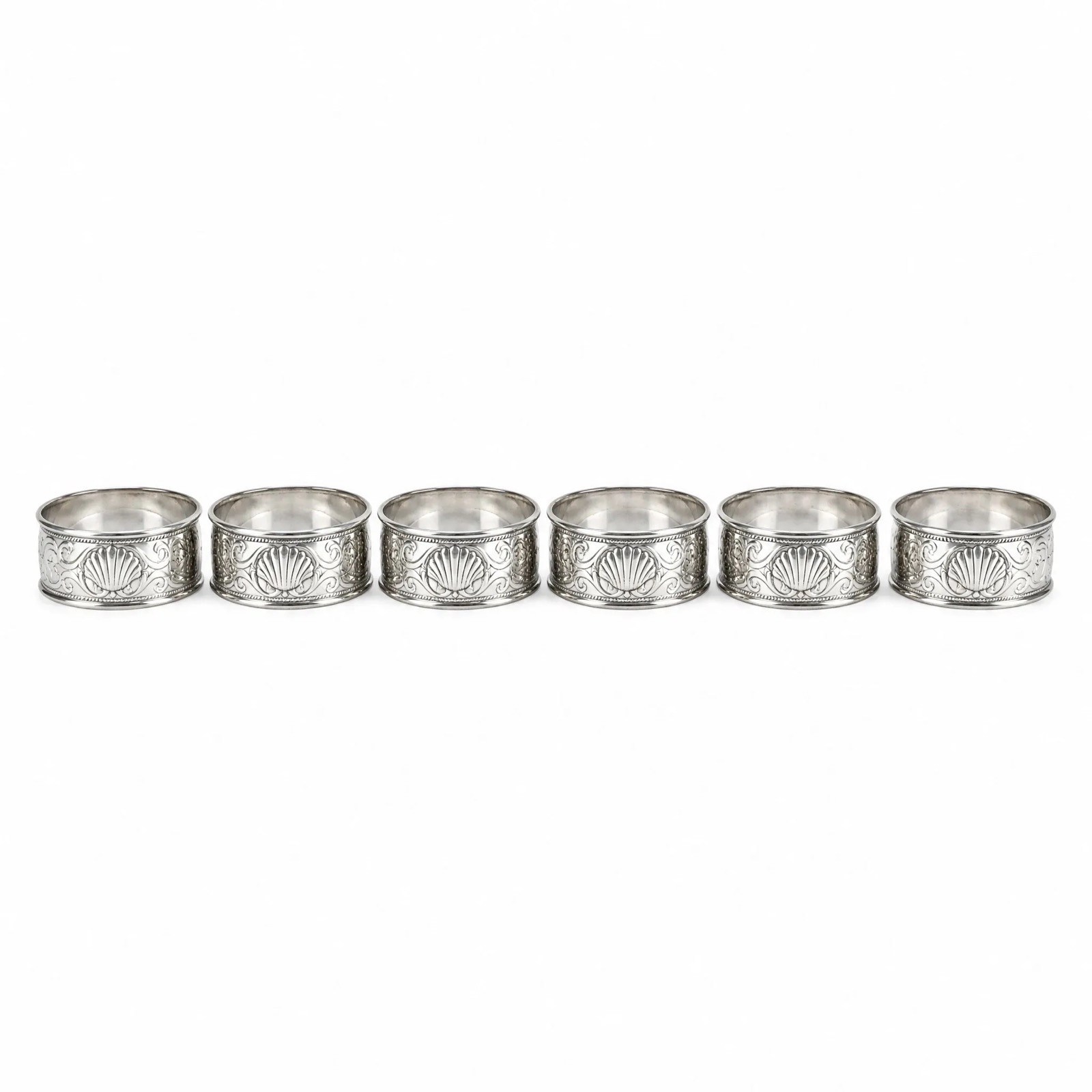 Shell Napkin Rings, Set of 6 — Silver Plated · Polished Antique, XANVOR, Moradabad