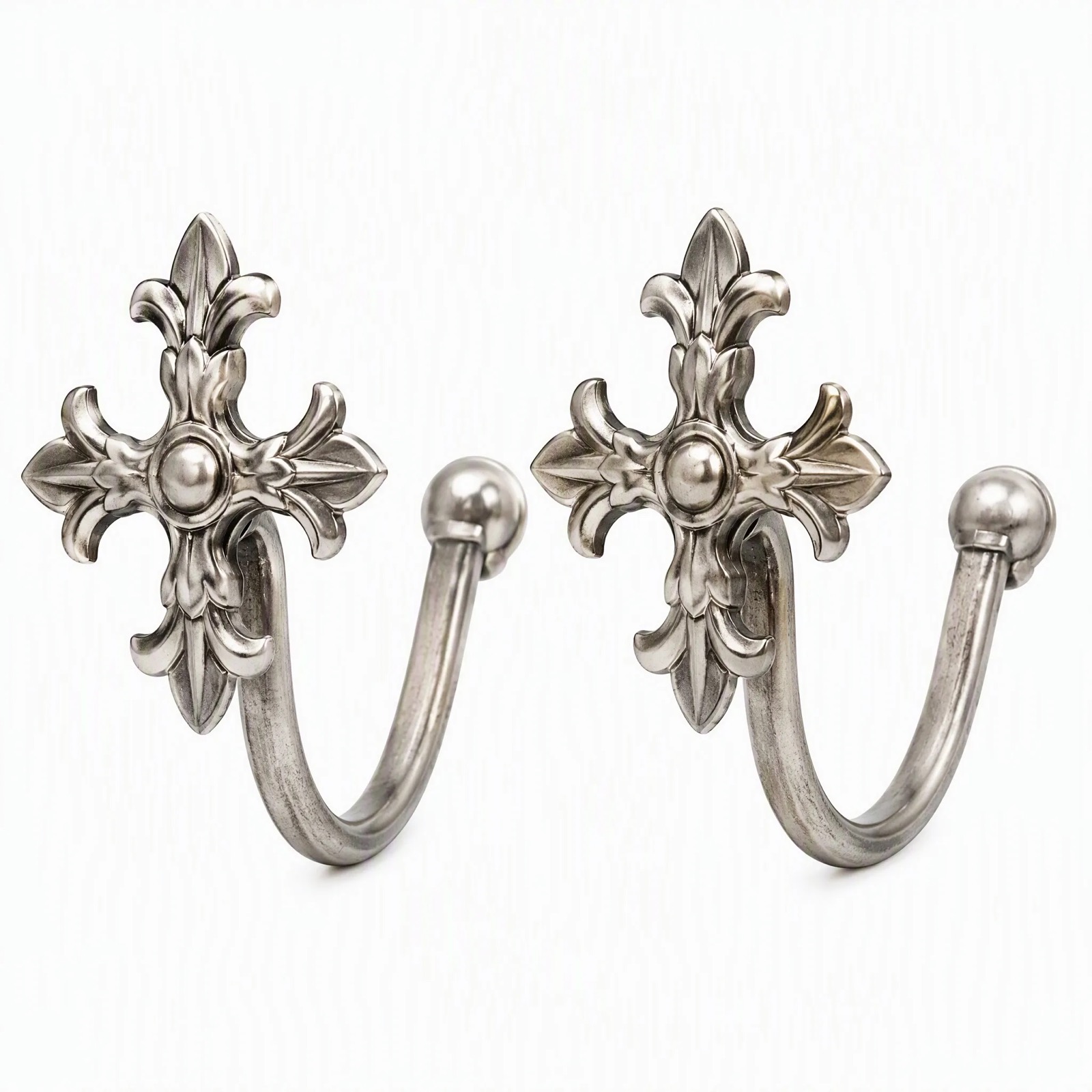 Fleur-de-Lys Curtain Tie-Backs, Pair — Silver Plated · Polished Antique, XANVOR, Moradabad