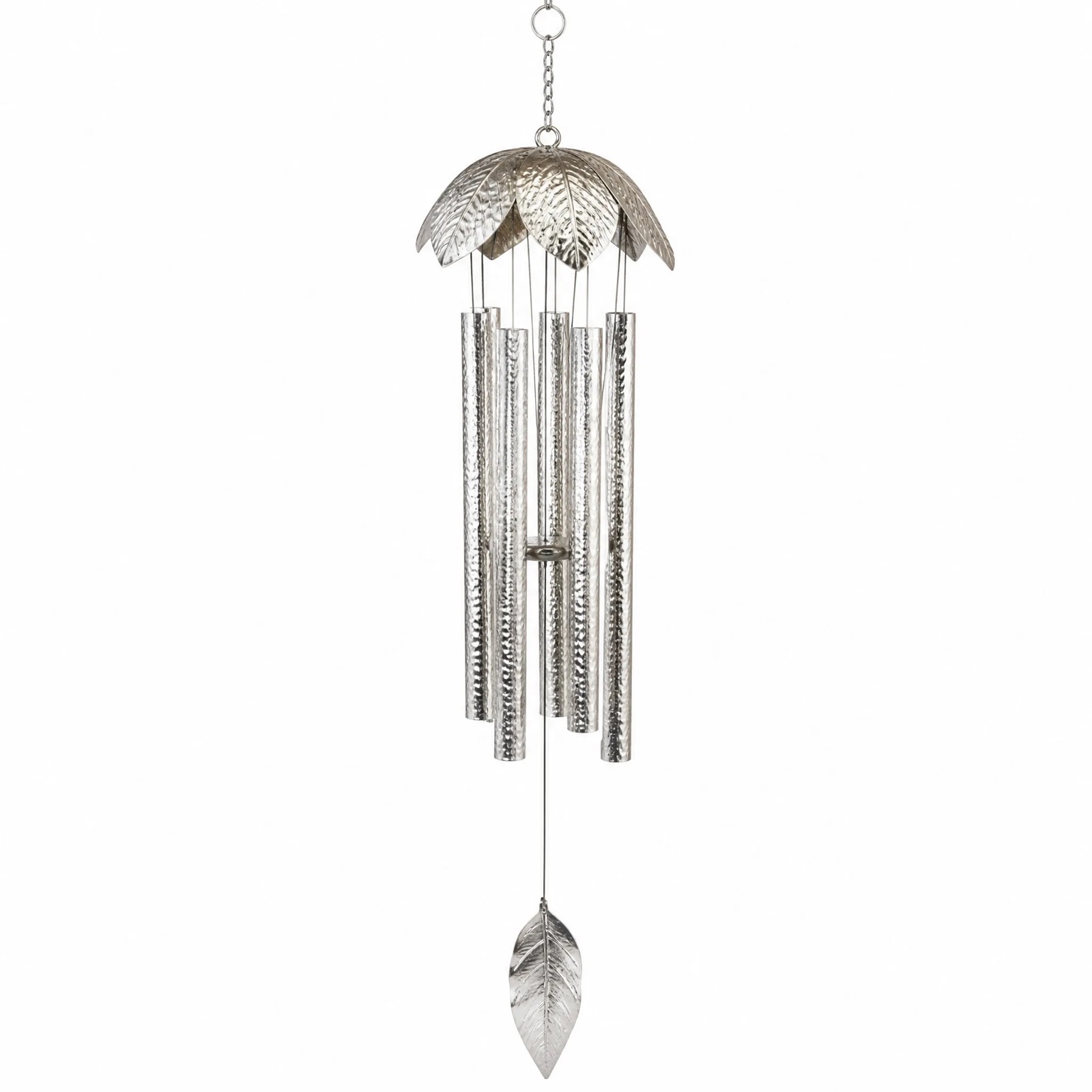 Leaf & Tube Wind Chime — Silver Plated · Hammered Finish, XANVOR, Moradabad
