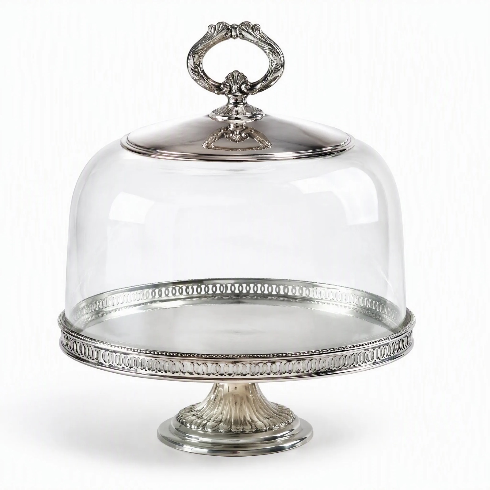 Glass Dome Cloche & Silver Stand — Silver Plated + Glass · Polished Antique, XANVOR, Moradabad