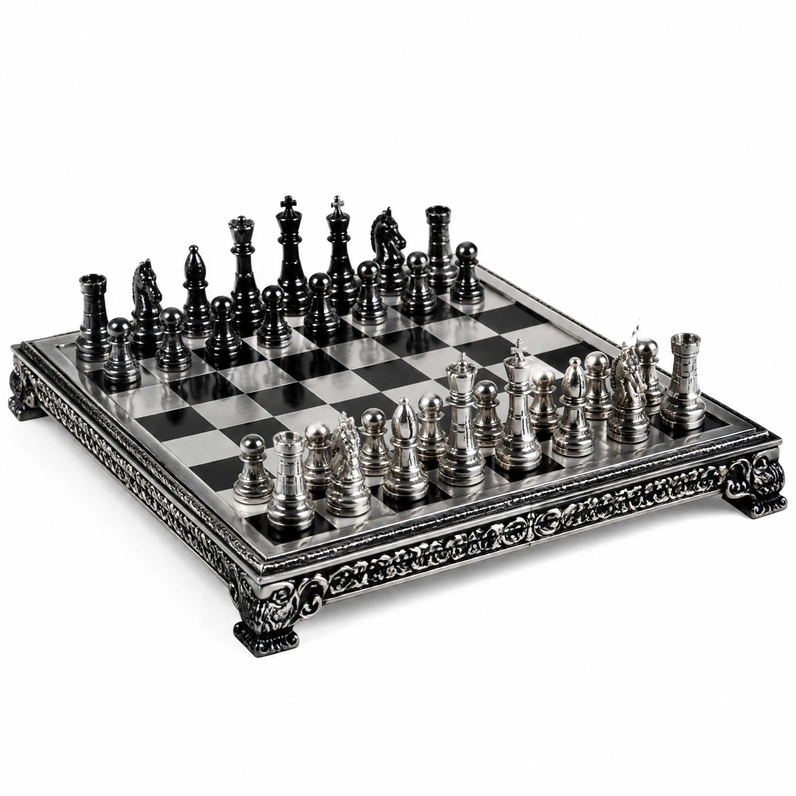 Chess Board & Set Centrepiece — Metal · Silver + Black, XANVOR, Moradabad