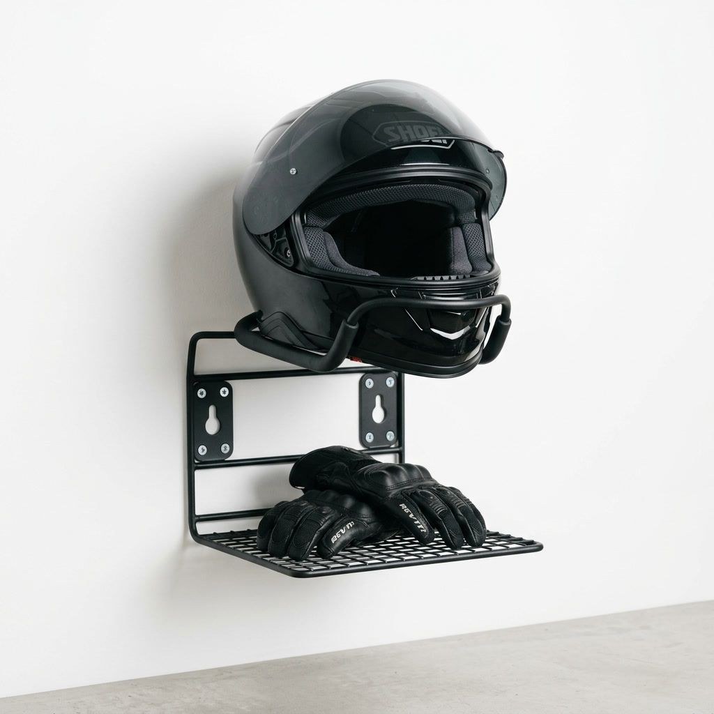 Wall-Mount Helmet Stand with Glove Shelf — Powder-coated steel wire · Padded cradle, XANVOR, Moradabad