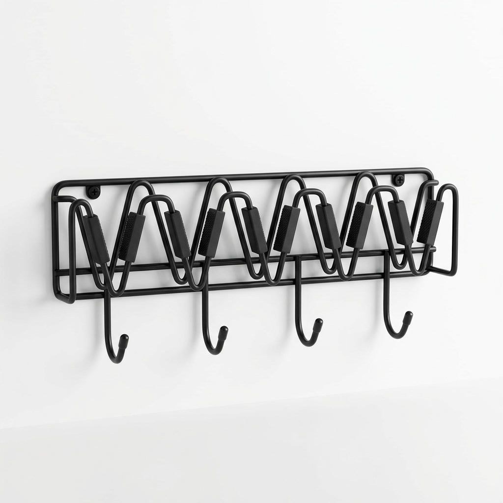 Mop & Broom Wall Organizer — 5 Slots + 4 Hooks — Powder-coated steel wire · Rubber grip inserts, XANVOR, Moradabad