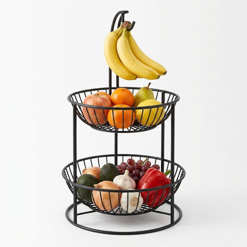 2-Tier Fruit & Vegetable Basket with Banana Hook — Powder-coated steel wire, XANVOR, Moradabad