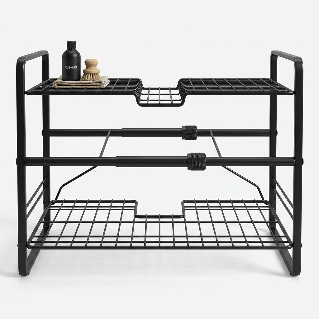 Under-Sink Expandable Wire Shelf — 40–65 cm Telescopic — Powder-coated steel wire, XANVOR, Moradabad