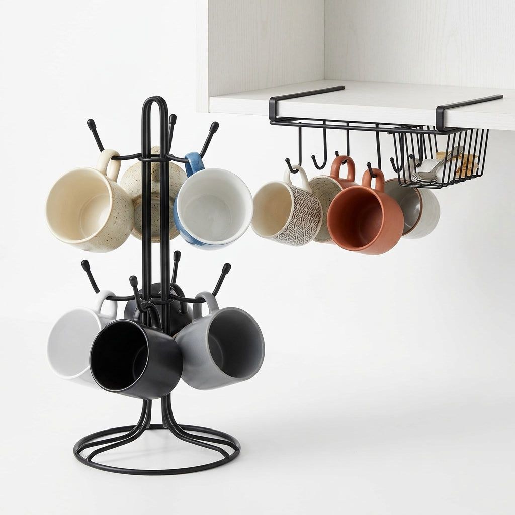 Mug Tree & Under-Shelf Mug Hanger — 2-Pack — Powder-coated steel wire, XANVOR, Moradabad