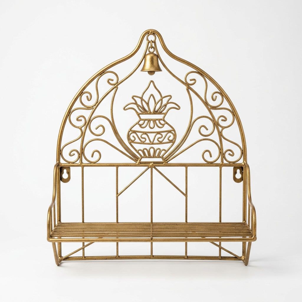 Pooja Wall Shelf / Mandir Stand — Antique Gold — Powder-coated steel wire · Antique-gold finish, XANVOR, Moradabad